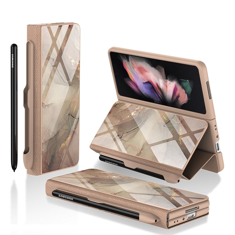 Luxury Leather & Tempered Glass Flip Stand Case For Galaxy Z Fold