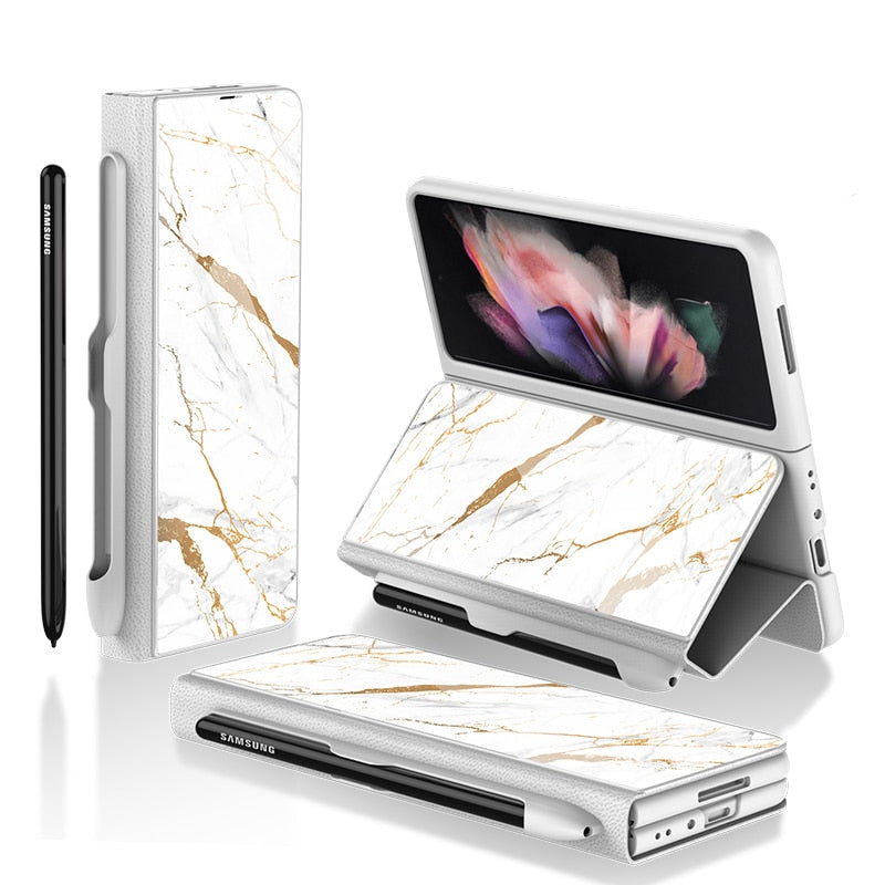 Luxury Leather & Tempered Glass Flip Stand Case For Galaxy Z Fold