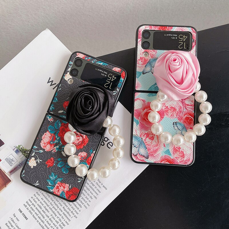 Elegant Leather Rose case with Pearl Bracelet For Samsung Galaxy Z Flip 4