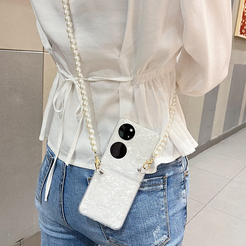 Fashion Pearl Long Chain Case With Lanyard Necklace Strap Conch Cameo Shell Pattern Case For Huawei P50 Pocket