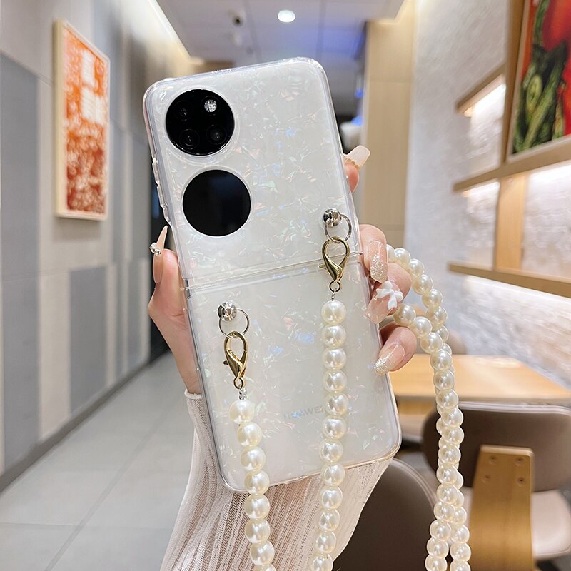 Fashion Pearl Long Chain Case With Lanyard Necklace Strap Conch Cameo Shell Pattern Case For Huawei P50 Pocket