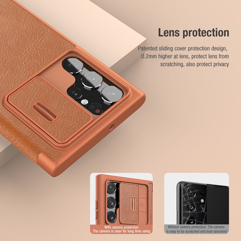 Ultra Leather Flip Cover Slide Camera Lens Protection Case For Galaxy S23 Ultra