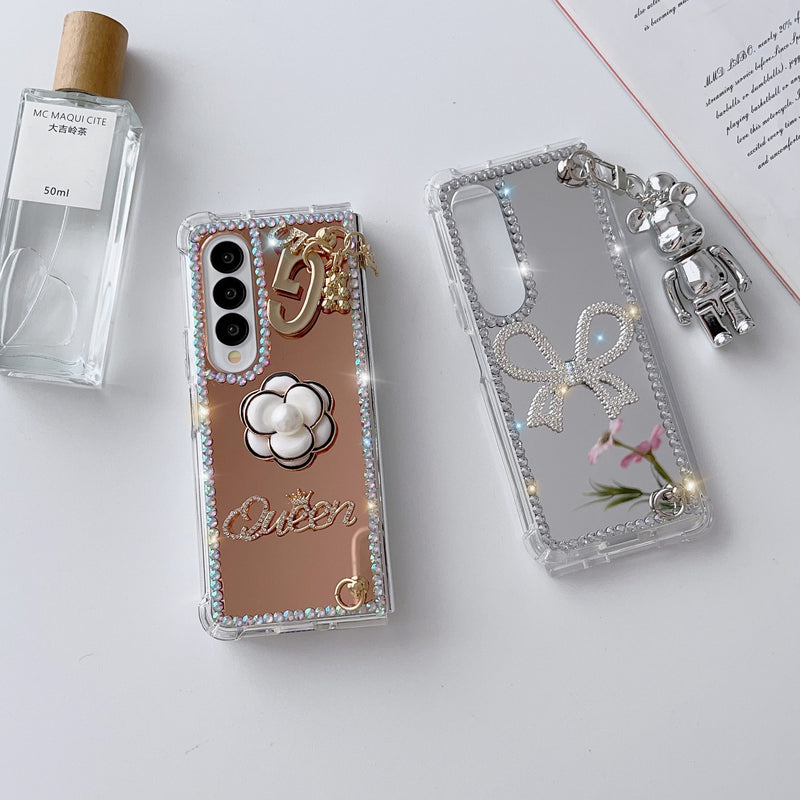 Luxury Diamond Bowknot Pearl Camellia Phone Case For Samsung Galaxy Z Fold 4 & 3