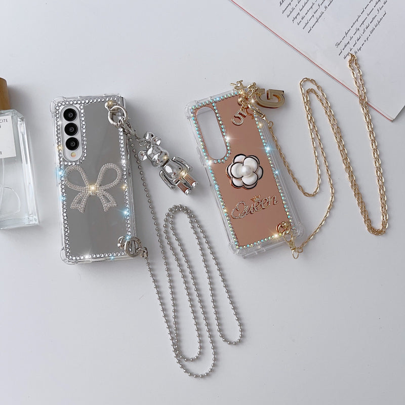 Luxury Diamond Bowknot Pearl Camellia Phone Case For Samsung Galaxy Z Fold 4 & 3
