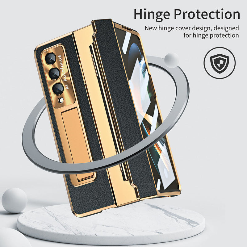 Newest Shield Hinge Plain Leather All-inclusive Drop-Proof  Phone Case For Samsung Galaxy Z Fold3 Fold4 5G